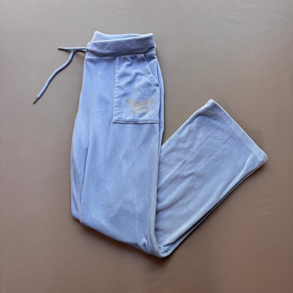 No Boundaries Blue Velour Y2K Butterfly Rhinestone Wide Leg Lounge Pants Medium
